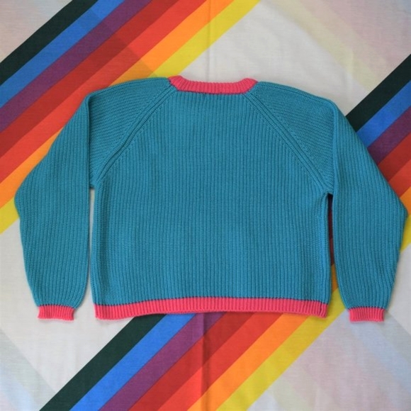80s Hot Pink + Blue-Green Color-block Knit Sweater by Maggie & Me - Picture 2 of 4